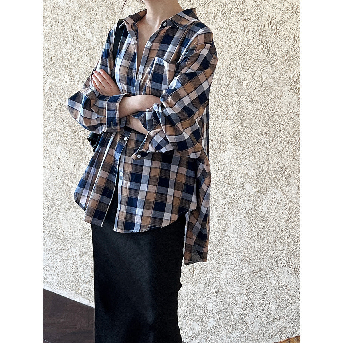 Retro Lazy Plaid Shirt Women's Summer Long Sleeve Loose Trend Fashion Light Sunscreen Shirt