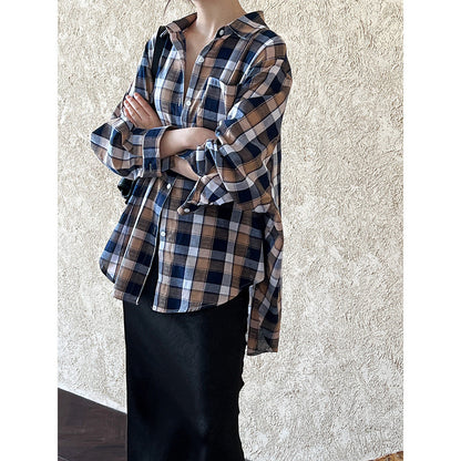 Retro Lazy Plaid Shirt Women's Summer Long Sleeve Loose Trend Fashion Light Sunscreen Shirt