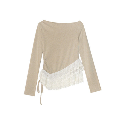 Lace Splicing Long Sleeve Slash Shoulder T-Shirt Top