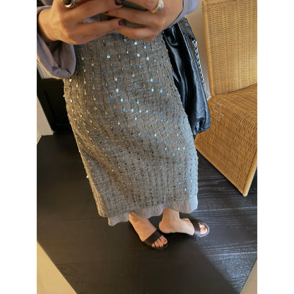 Early spring French temperament elegant fashion heavy industry sequined splicing skirt