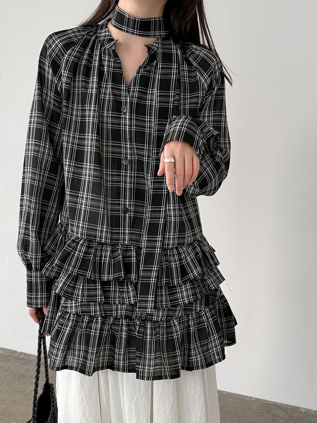 Korean plaid ruffle V-neck lace-up shirt for women's 26 spring niche design stacked dress