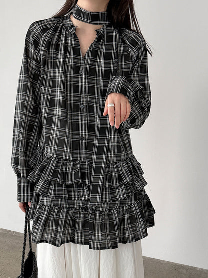Korean plaid ruffle V-neck lace-up shirt for women's 26 spring niche design stacked dress