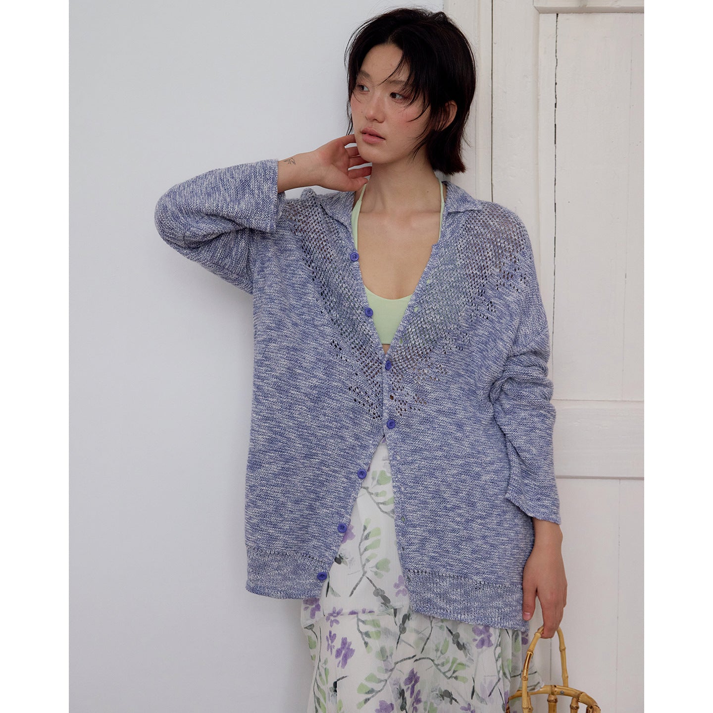 Hollow POLO neck sunscreen cardigan knitted sweater loose outer long-sleeved top