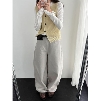 Japanese simple relaxed design scimitar slacks women's spring new wide-leg trousers