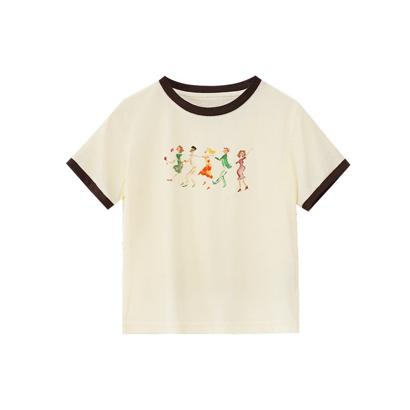 Chic Shoulder Embroidery Abstract Design Contrast Short Sleeve T-Shirt