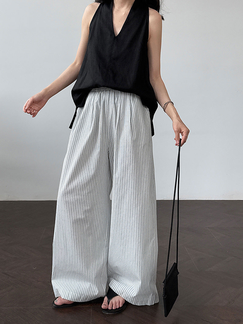 Korean vertical striped thin wide-leg pants women's summer new cotton lazy versatile mopping straight-leg pants