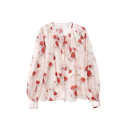 Romantic coffee break beautiful rose print chiffon shirt