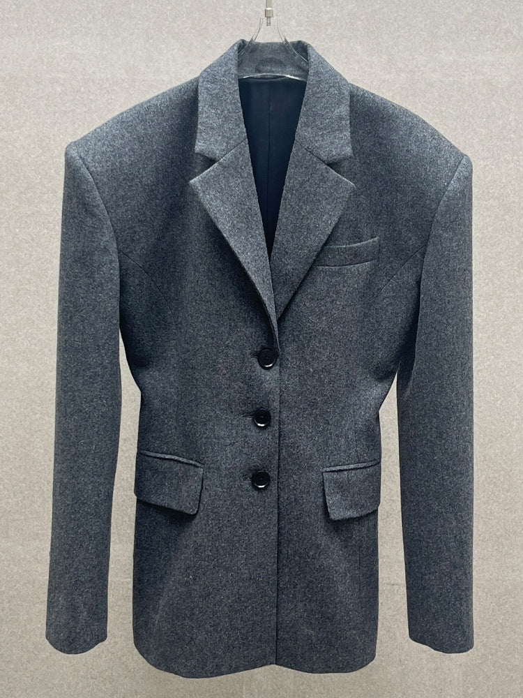 Wool Blazer Women Slim Fit Suit Collar Three-Button Mid-Length Jacket