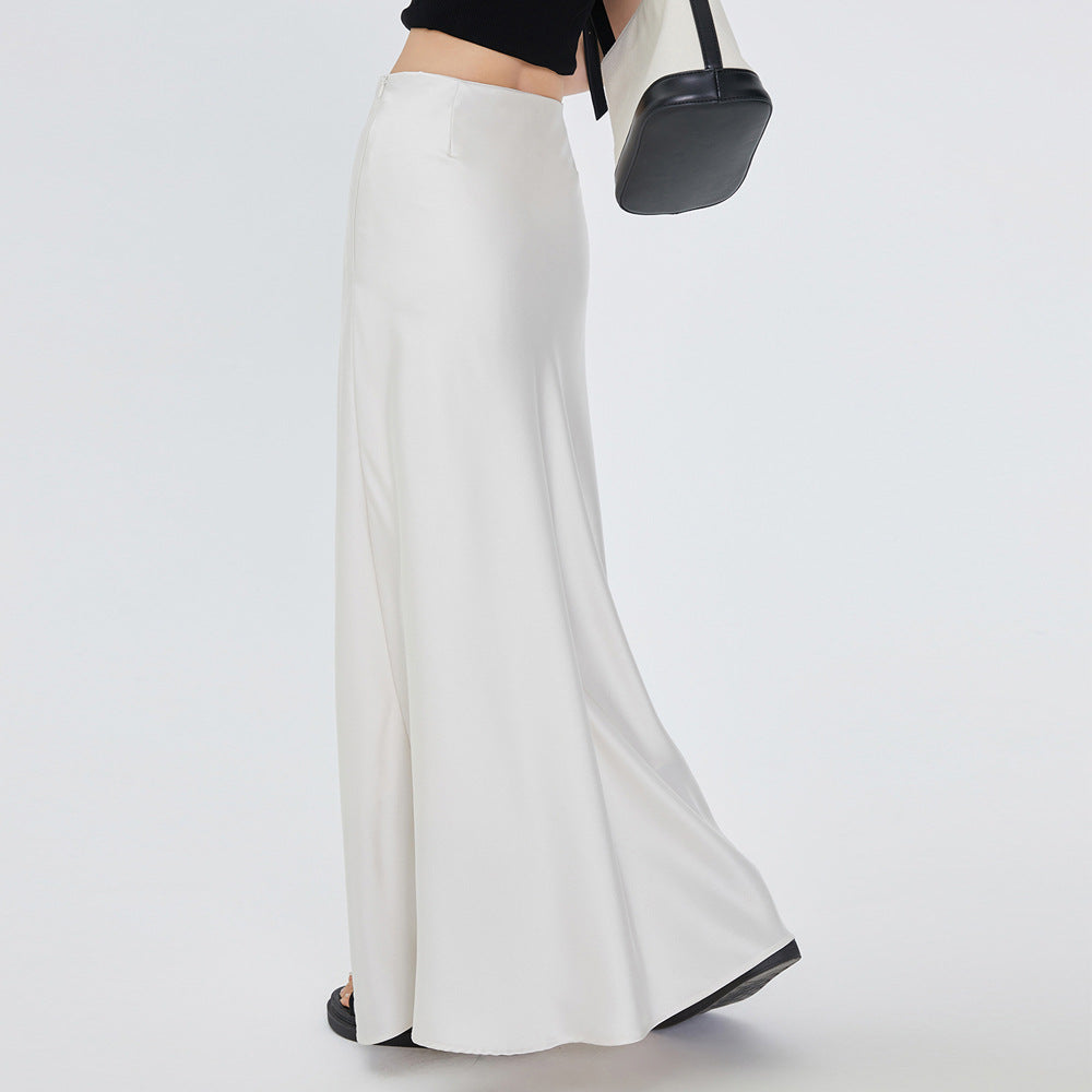 White satin pendant skirt women's 2026 summer new acetic acid medium and long high-waisted A-shaped skirt tide