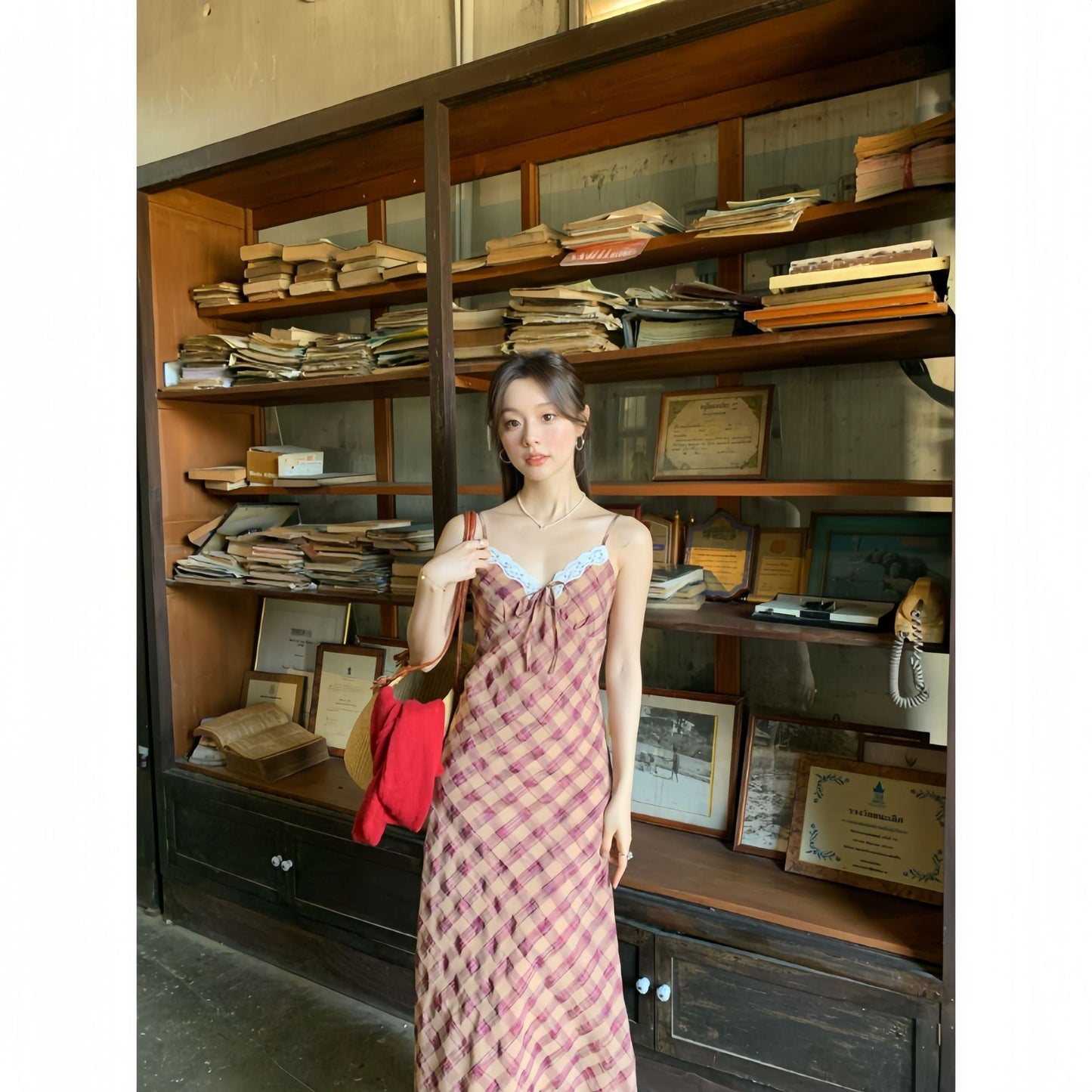 Holiday plaid suspender dress