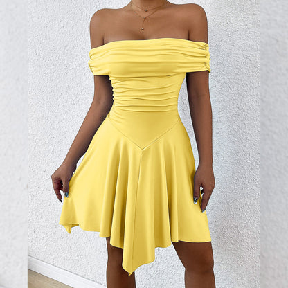 One-Shoulder Tube Top Dress Women Elastic Waist Irregular Hem Mini