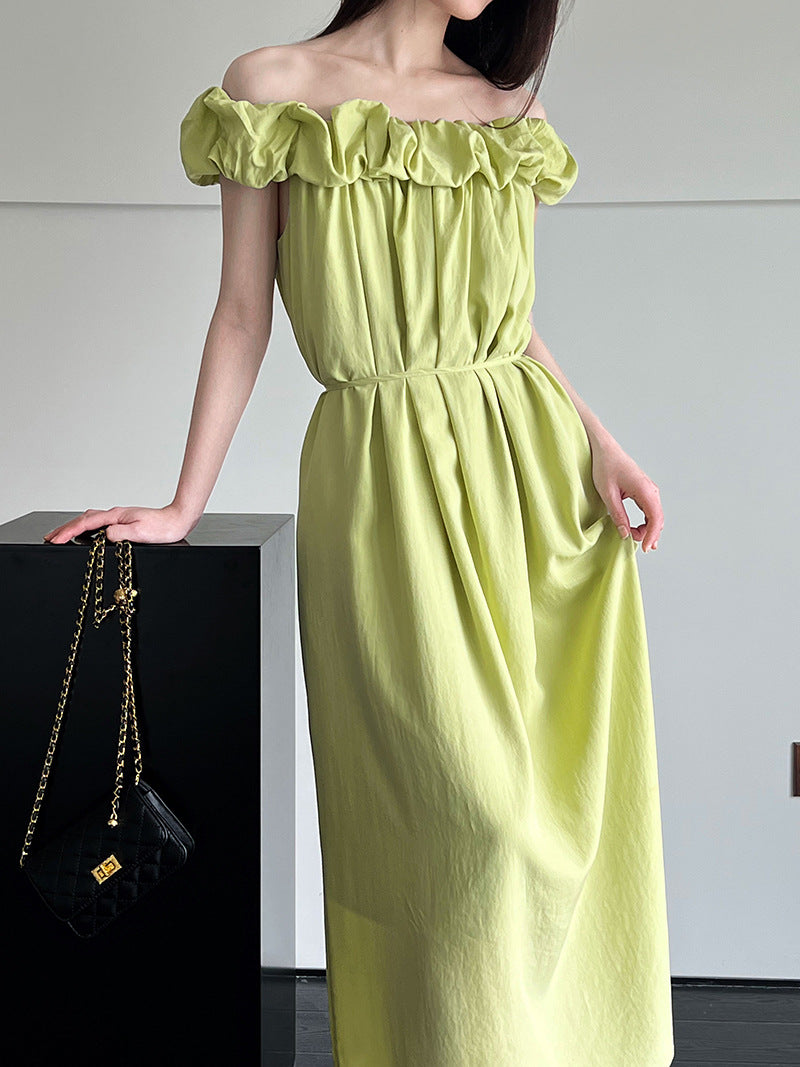 Tencel fabric one-word shoulder tube top dress Korean high-end ruffle edge suspender vest skirt