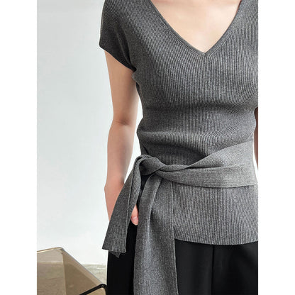 French V-neck knitted short-sleeved T women's summer new basic commuter versatile slim stretch top
