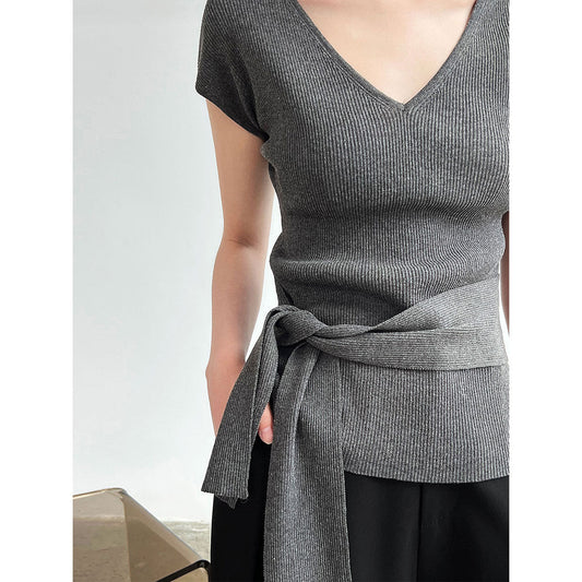French V-neck knitted short-sleeved T women's summer new basic commuter versatile slim stretch top