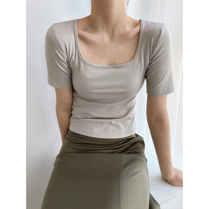 New solid color short square neck short-sleeved T-shirt women's high waist slim-fitting clavicle top