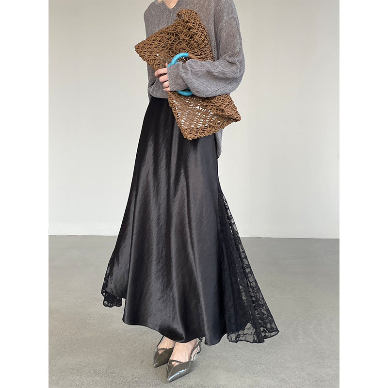 Satin Lace Large Swing Maxi Skirt