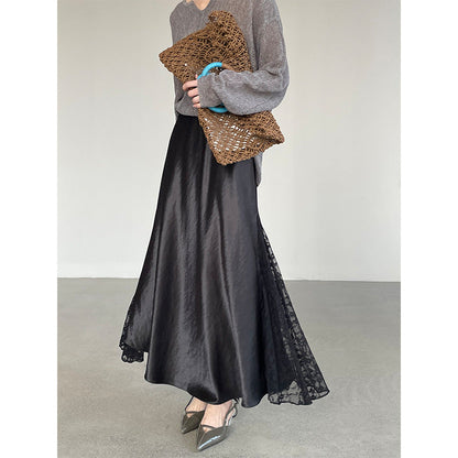 Satin Lace Large Swing Maxi Skirt