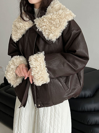 Large lapel lamb wool short thickened leather jacket women's winter three-star 90 white duck down parker down jacket