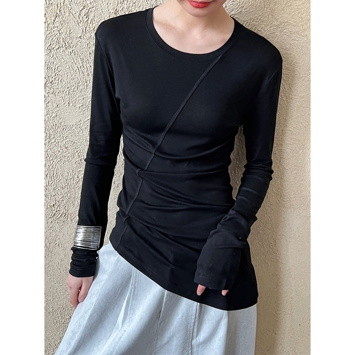 Korean irregular slim-fit T-shirt women's spring new cutting line pile wrinkled bottoming shirt top