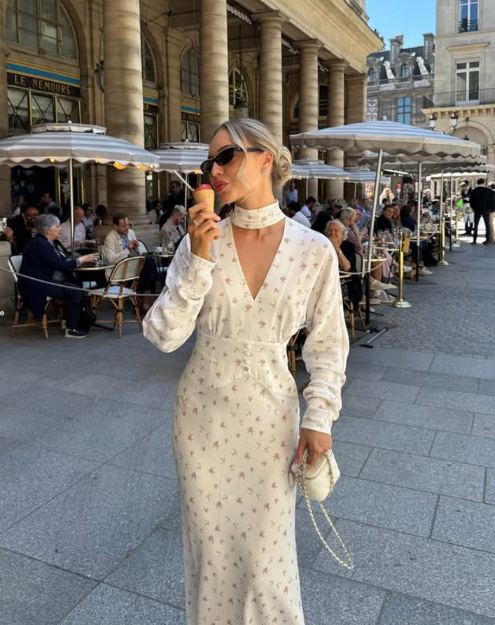 Women's clothing autumn and winter new round neck long-sleeved holiday dress fashion printed dress