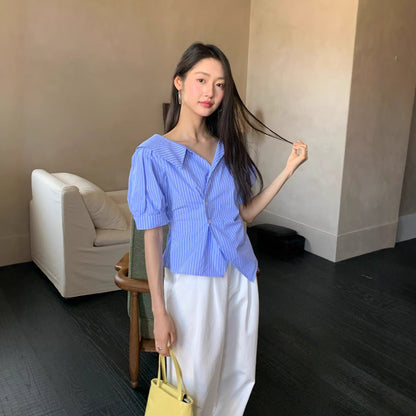 Temperament lapel irregular diagonal buckle waist thin shirt