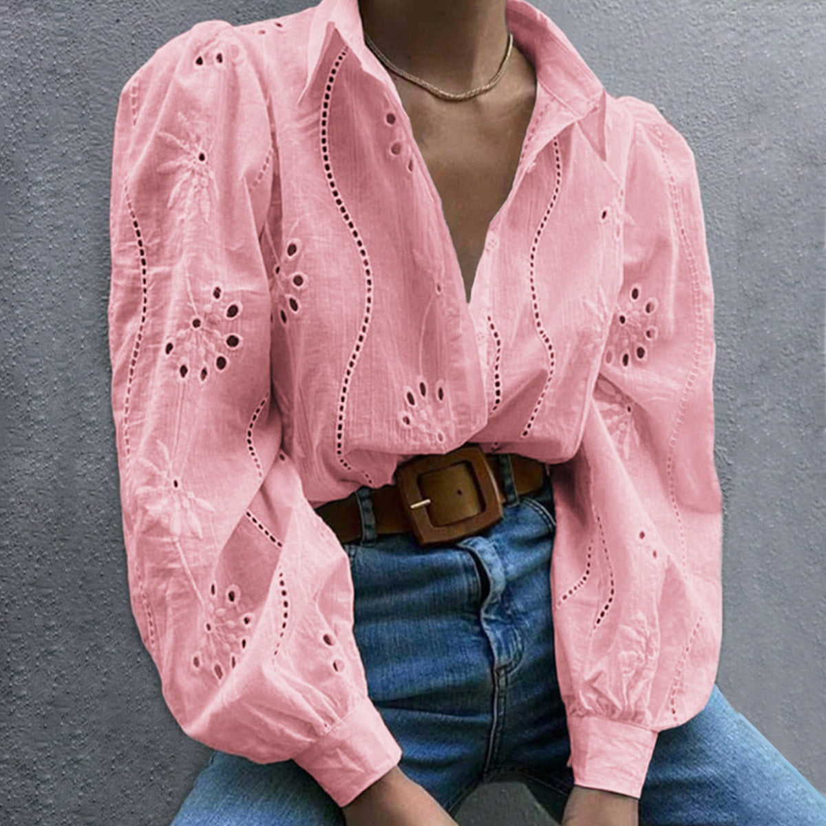 Lapel Long Sleeve Cardigan Women Regular Fit Puff Sleeve Hollow Blouse