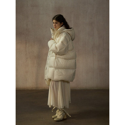 Classic Puff Hooded Warm Cocoon Loose Medium Length 90 White Duck Down Jacket