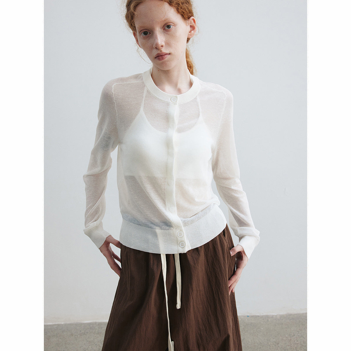 Summer new casual crew neck linen thin through easy simple solid color knitted cardigan