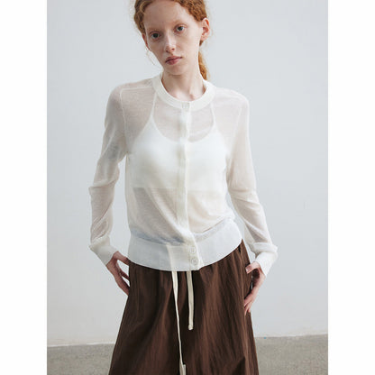 Summer new casual crew neck linen thin through easy simple solid color knitted cardigan