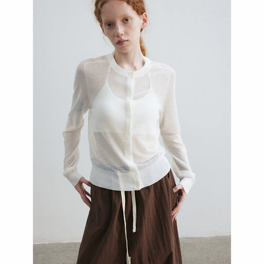 Summer new casual crew neck linen thin through easy simple solid color knitted cardigan
