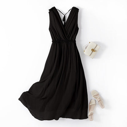 V-Neck Sleeveless Dress Women Mid Waist Mulberry Silk Maxi Two-Piece