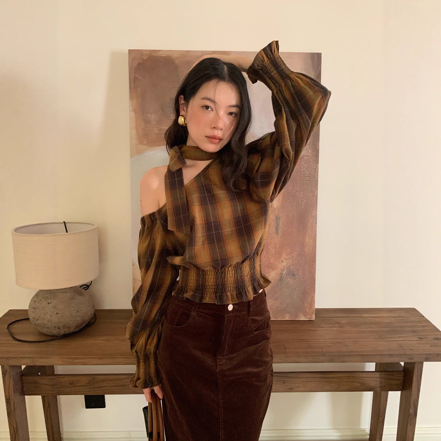 Women's Plaid Print Diagonal Collar Asymmetric Sleeve Waist-Defining Shirt