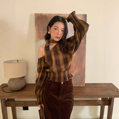 Women's Plaid Print Diagonal Collar Asymmetric Sleeve Waist-Defining Shirt