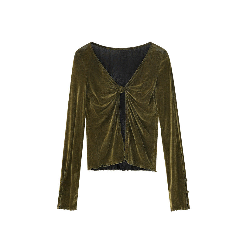 Slim-fit long-sleeved stacked kink v-neck women's sweater fleece shirt