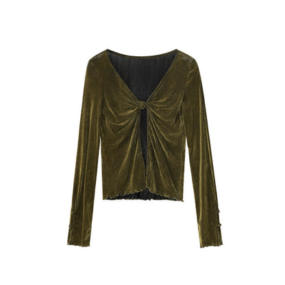 Slim-fit long-sleeved stacked kink v-neck women's sweater fleece shirt