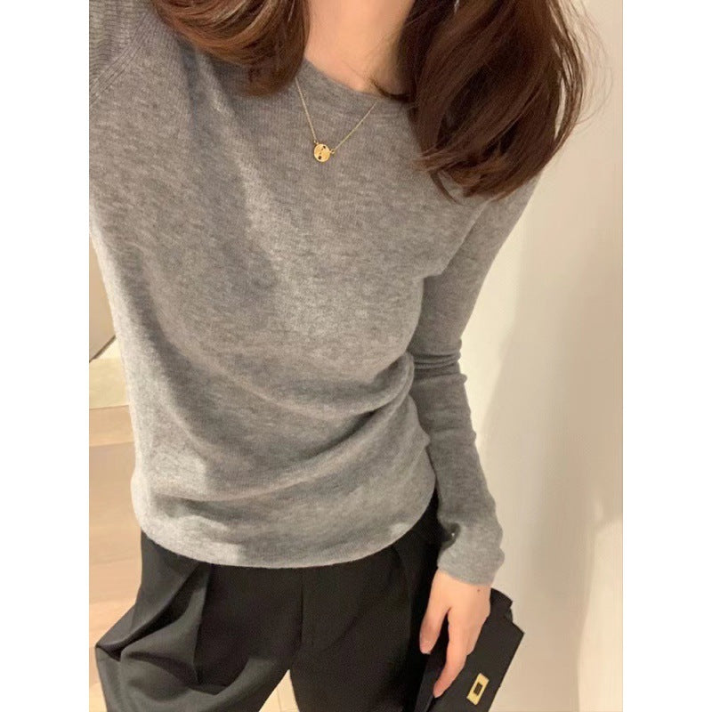 Wool Knitted Sweater Women Round Neck Long Sleeve Slim Fit Top