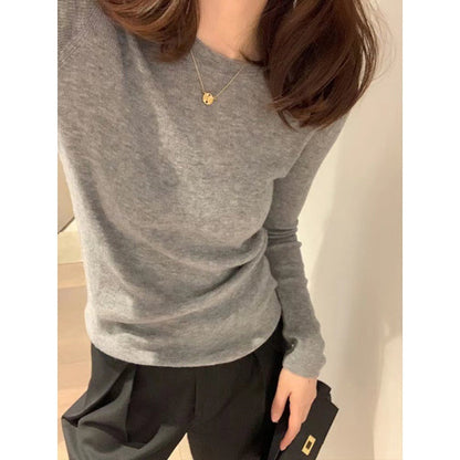 Wool Knitted Sweater Women Round Neck Long Sleeve Slim Fit Top