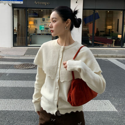 French Sweet Age Reduction Single-breasted Crew Neck Shawl Sweater Cardigan