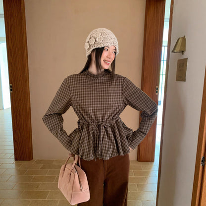 Autumn retro plaid waist design long-sleeved fungus edge stand-up collar shirt
