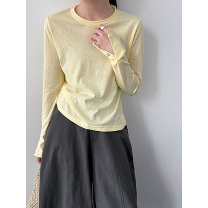 Simple and versatile front shoulder double-layer crimped crew neck T-shirt