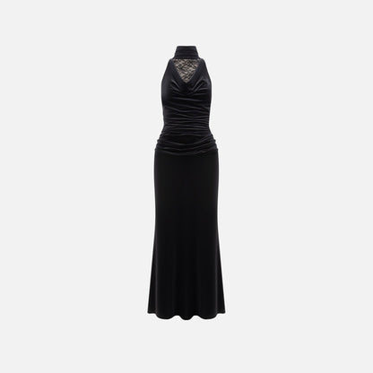 Pleated neck lace hip skirt splicing swing neck sexy dress