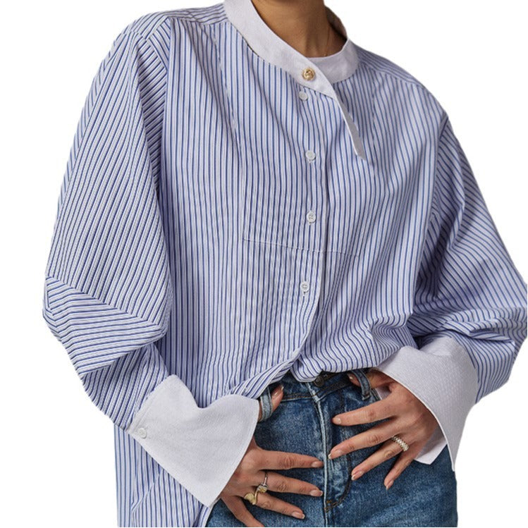 Spring and summer new top design sense niche chic casual cotton round neck tea striped shirt