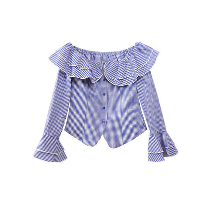 Skinny Plaid Lotus Leaf Shoulder Shirt