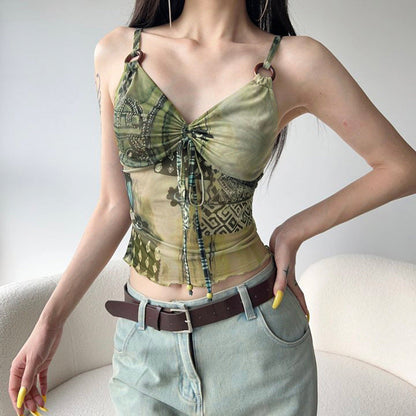 Retro V-Neck Cami Top with Drawstring Detail