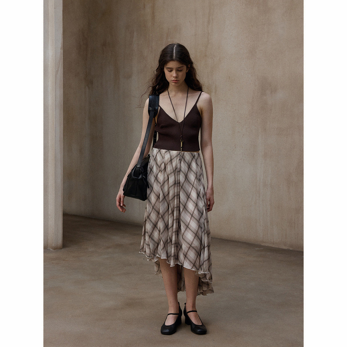 Plaid asymmetrical diagonal swing skirt summer thin light splicing contrasting color versatile