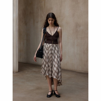 Plaid asymmetrical diagonal swing skirt summer thin light splicing contrasting color versatile