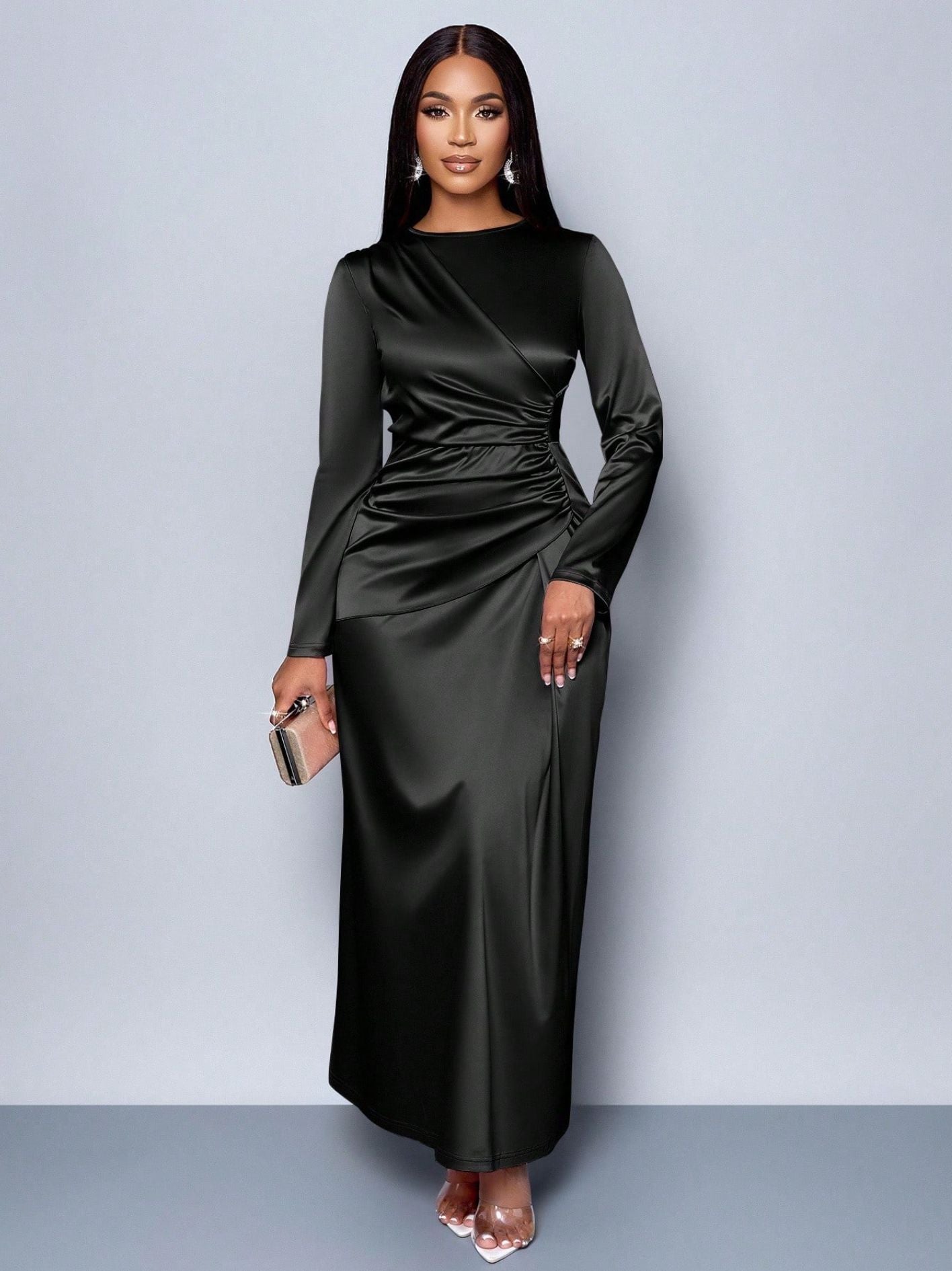 New solid color high-end satin dress fashionable and elegant temperament light evening dress