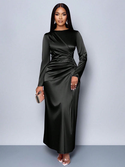 New solid color high-end satin dress fashionable and elegant temperament light evening dress