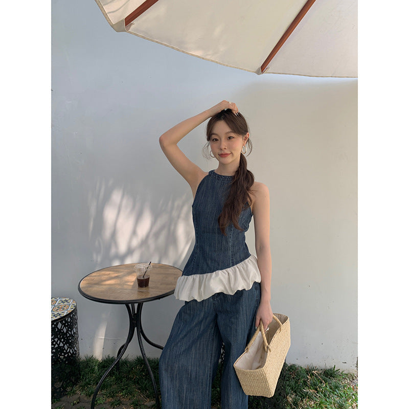 Retro fashion suit female high-end denim two-piece set