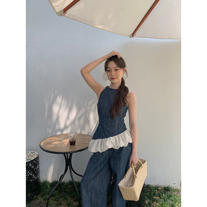 Retro fashion suit female high-end denim two-piece set